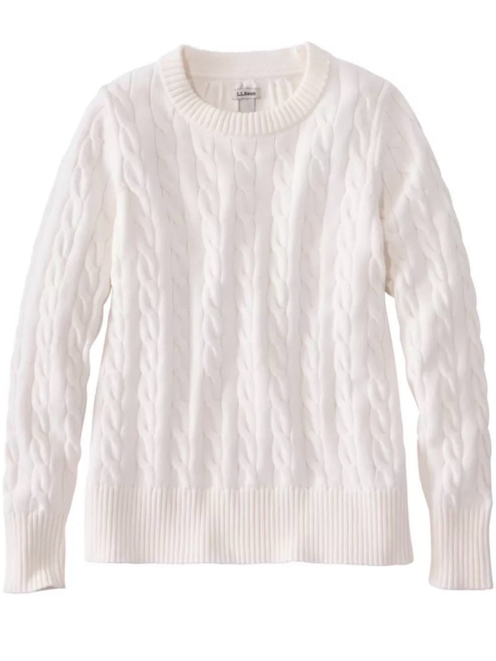 L.L. Bean Womenโs the original Cable Knit Crewneck Sweater in sea salt
